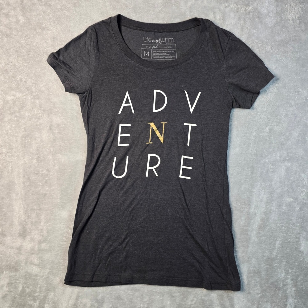 Life and Whim Adventure Graphic Tee Women Medium Gray Gold Foil Gorpcore Outdoor